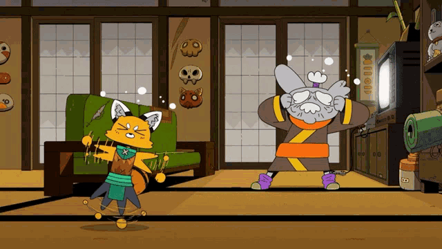 a cartoon drawing of a fox and a rabbit dancing