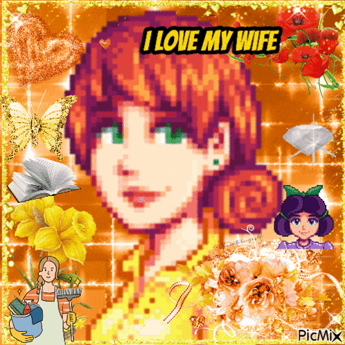 a pixel art of a woman with the words " i love my wife "