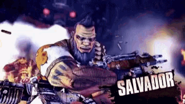 a man with a beard is holding a gun and the name salvador is on the bottom right