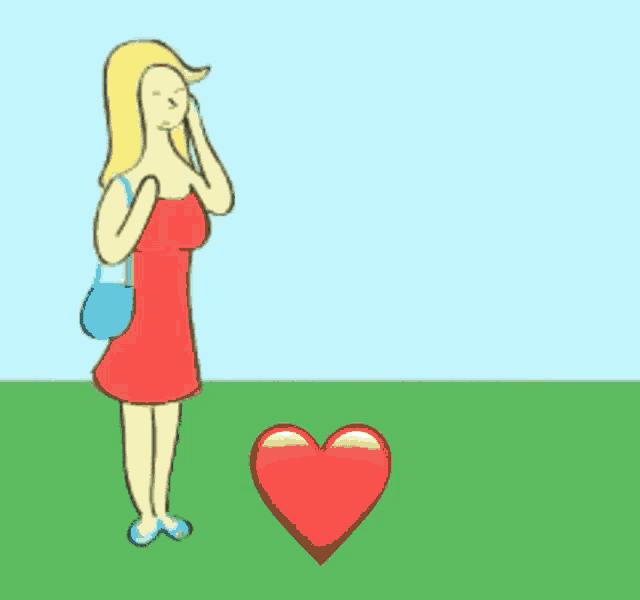 a cartoon of a man holding a red heart in front of a woman in a red dress