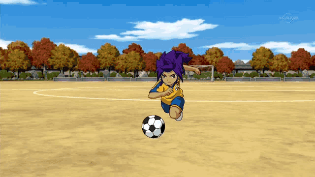 a boy with purple hair is kicking a soccer ball on a field that says tv tokyo