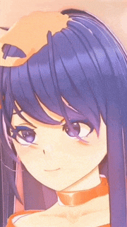 a close up of a girl with long purple hair