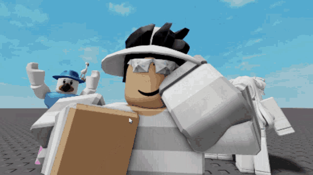 a cartoon character is holding a book while another cartoon character is holding a hat