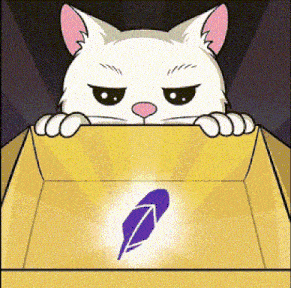 a white cat is peeking out of a cardboard box with a purple feather inside of it .