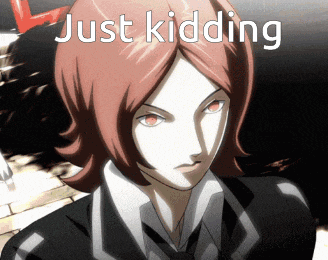 a cartoon character with red hair and the words just kidding