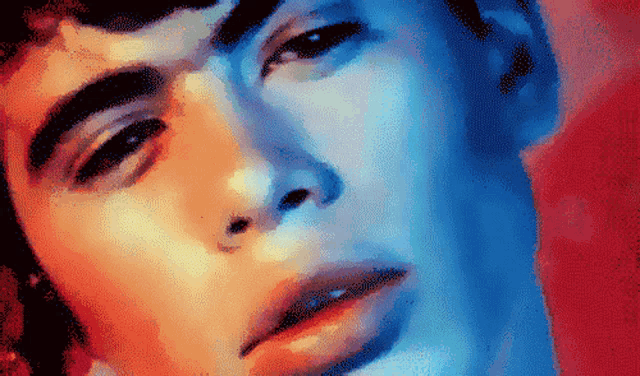 a pixelated painting of a man 's face with a red and blue background