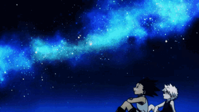 a couple of anime characters looking up at a galaxy