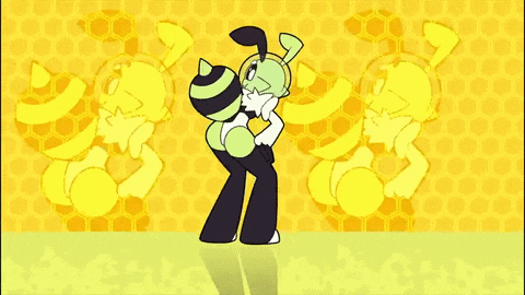 a cartoon bee is standing in front of a yellow honeycomb pattern .
