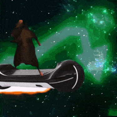 a computer generated image of a person riding a hover board