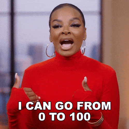 a woman in a red turtleneck and hoop earrings says i can go from 0 to 100