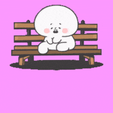 a cartoon character is sitting on a wooden bench with a pink background