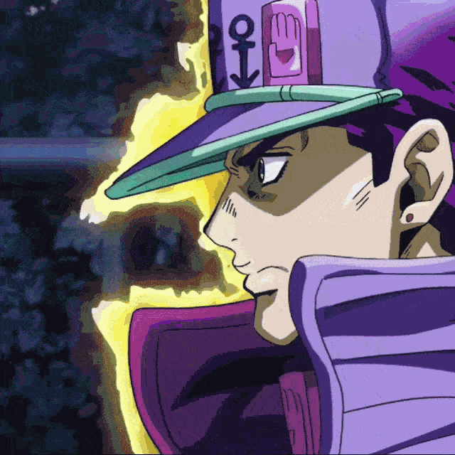 a cartoon drawing of a man wearing a purple hat with the letter o on it