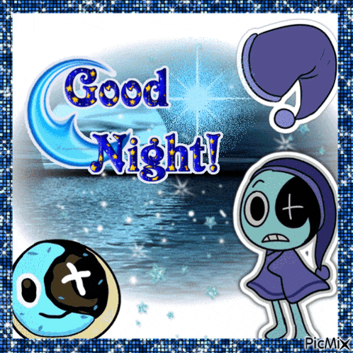 a picture that says good night with cartoon characters on it