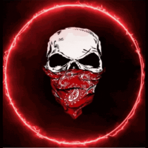 a skull wearing a red bandana is in a glowing circle