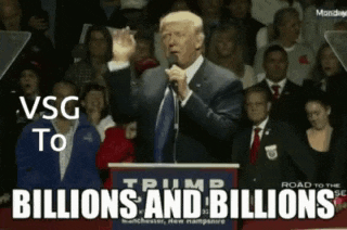 a man in a suit stands at a podium with the words trump billions and billions below him