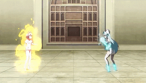 a girl in a white shirt is standing next to a girl in a blue dress