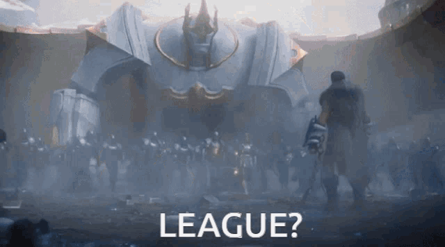 a man standing in front of a giant robot with the word league written on the bottom