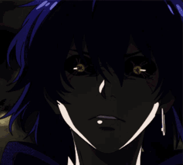 a close up of a person with red eyes and blue hair