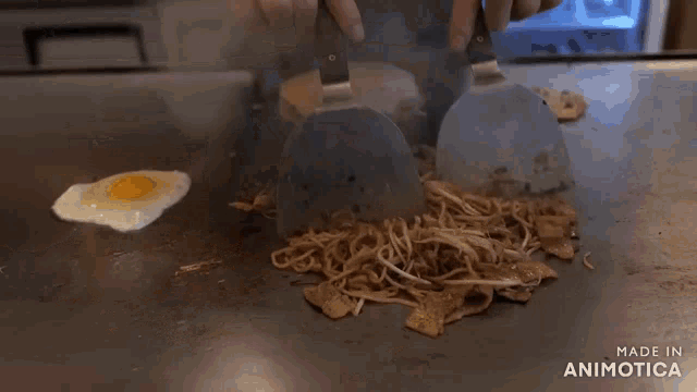 a person is cooking noodles and eggs on a grill with the words made in animotica behind them