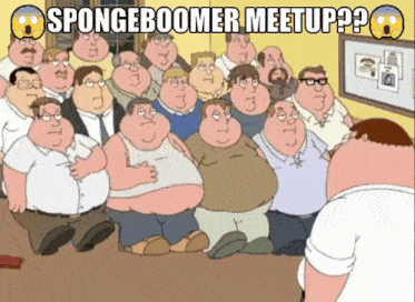 a cartoon of a group of men with the caption spongeboomer meetup