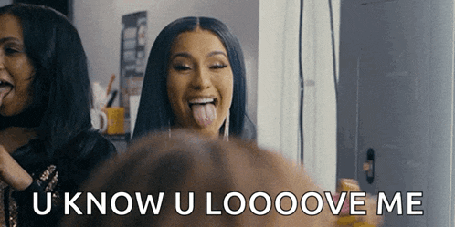 a woman sticking her tongue out with the words " u know u looove me " written below her
