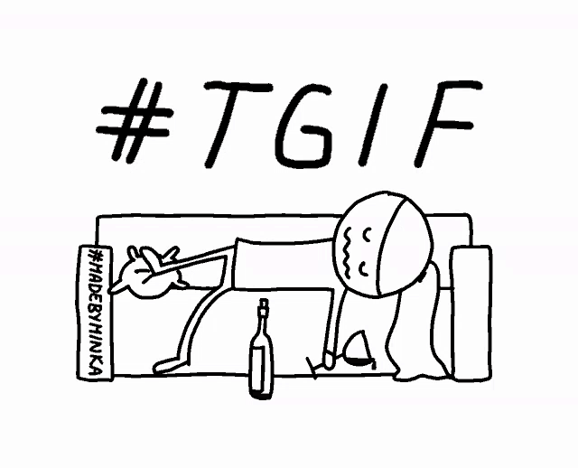 a drawing of a person laying on a couch with a bottle of wine and a sign that says #tgif