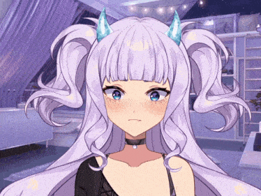 a girl with purple hair and blue horns has a choker on her neck