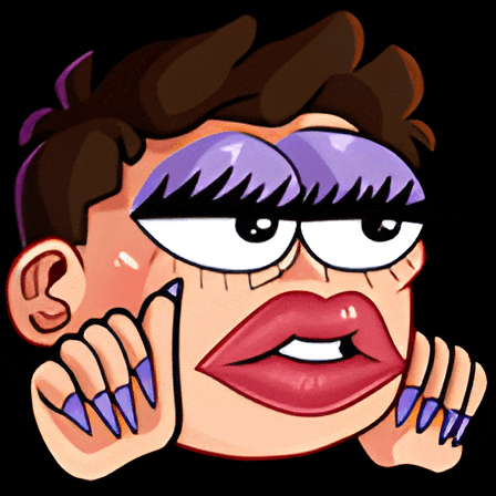 a cartoon drawing of a person with purple eyeshadow