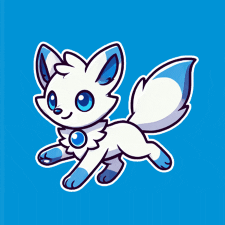 a cartoon drawing of a white fox with blue ears