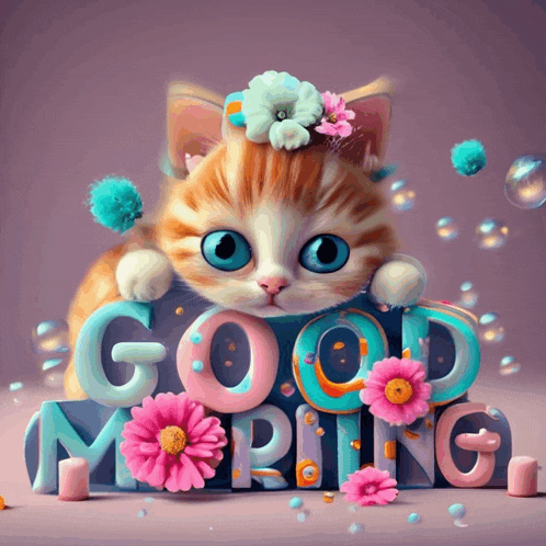a cat with flowers on its head sits next to the words good morning