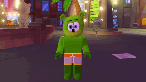 a green gummy bear giving the middle finger