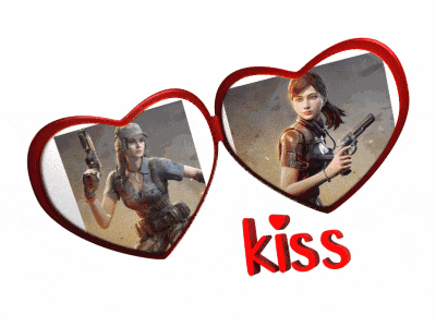 two hearts with a picture of a woman holding a gun and the word kiss below it