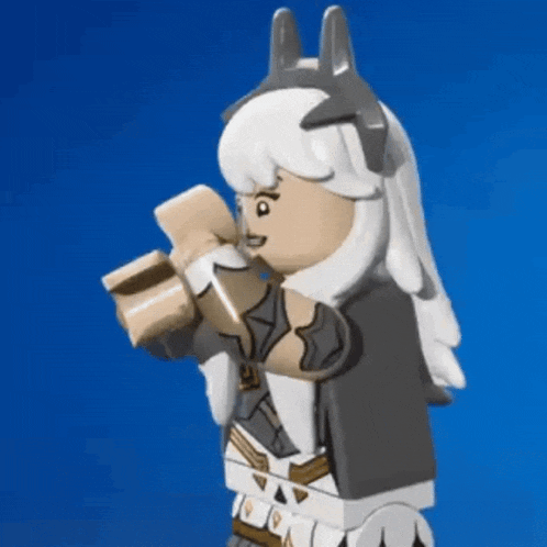 a lego figure with long white hair is drinking from a bottle