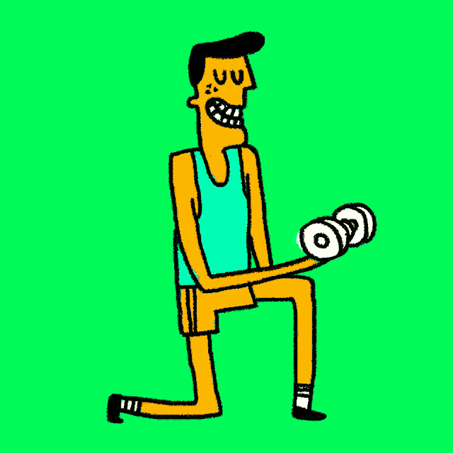 a cartoon of a man kneeling down lifting dumbbells