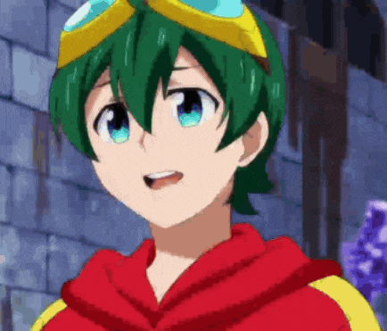 a boy with green hair and goggles on his head