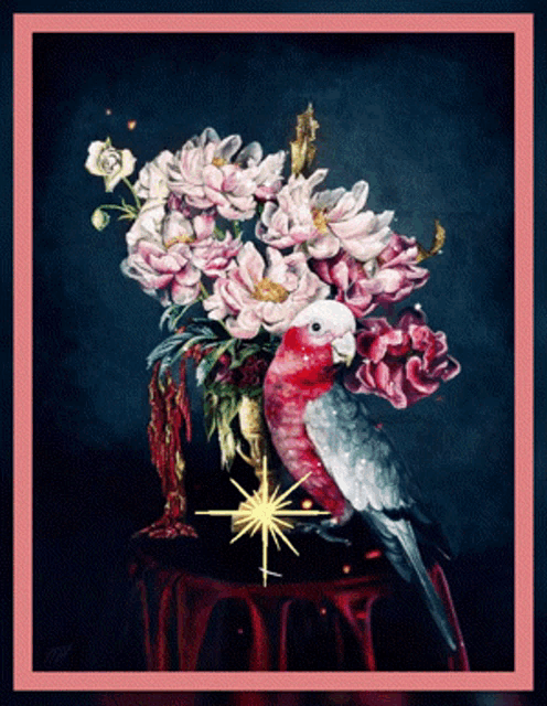 a painting of a bird sitting on a table next to flowers