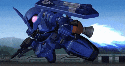 a blue robot with a shield and a gun is flying in the air