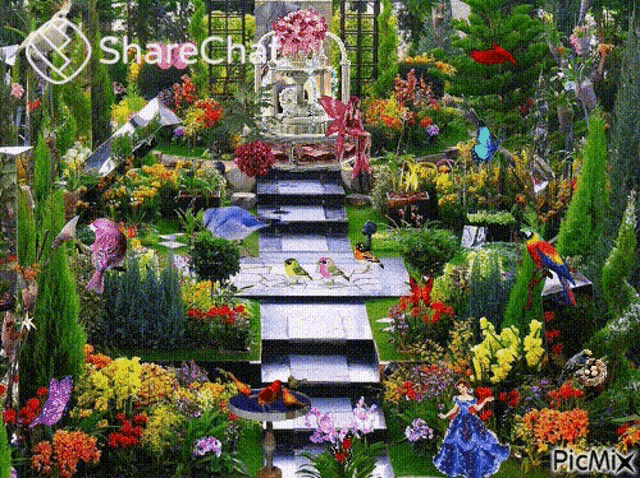 a picture of a garden with flowers and birds and the words sharechat at the top