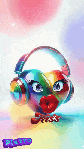 a rainbow heart wearing headphones and a kiss on its lips