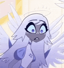 a cartoon angel with white wings and a halo on her head is looking at the camera .