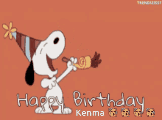 a cartoon of snoopy blowing a party horn with the words happy birthday kenma below him