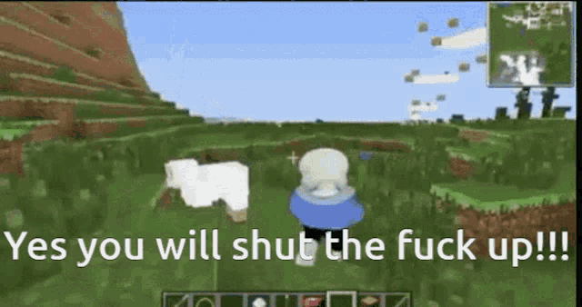 a screenshot of a video game with a sheep and the words `` yes you will shut the fuck up '' .