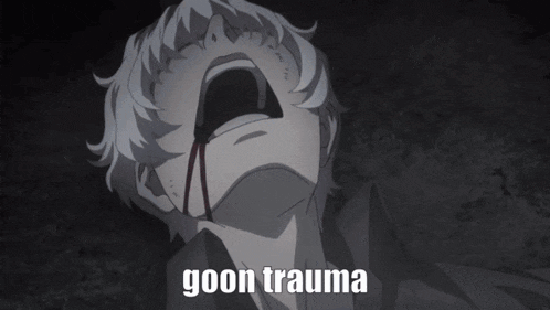 a close up of a person 's face with the words goon trauma on the bottom