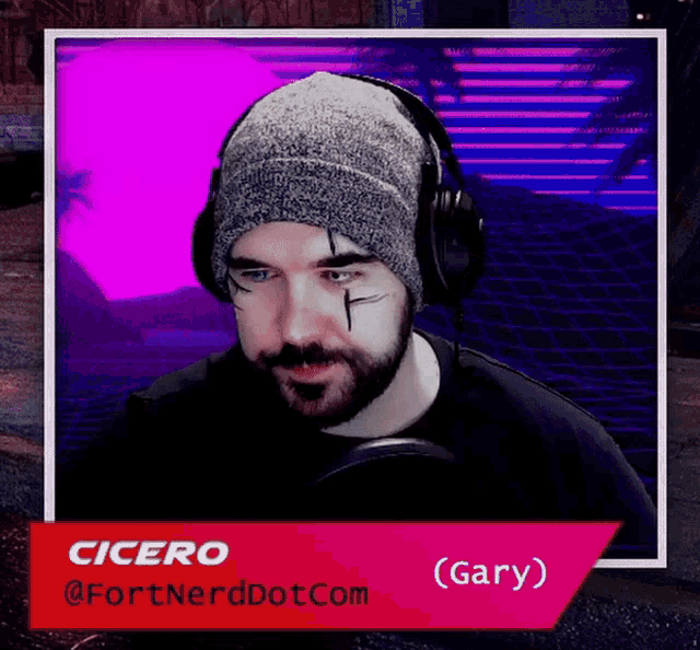 a man wearing headphones and a beanie has the name gary on the bottom