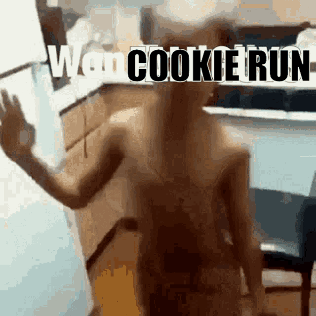 a naked man is running in a kitchen with the words " won cookie run " on the bottom