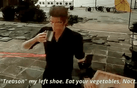 a man is standing on a sidewalk drinking from a mug and saying treason my left shoe eat your vegetables noct