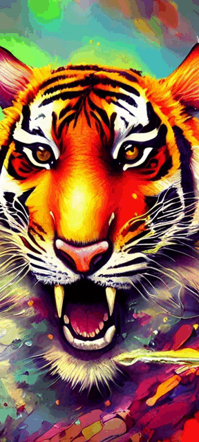 colorful painting of a tiger with its mouth open