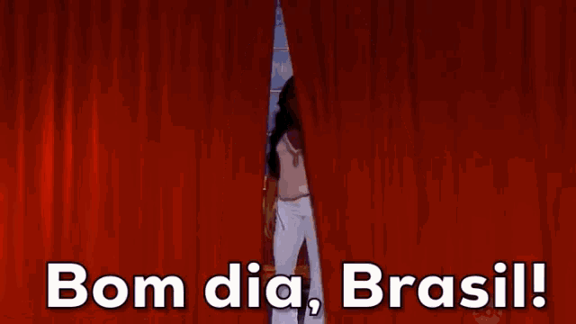 a woman standing in front of a red curtain with the words bom dia brasil written below her