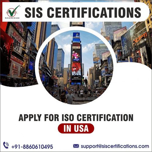 an advertisement for sis certifications in usa with a picture of times square