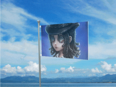 a flag with a picture of a girl in a hat on it